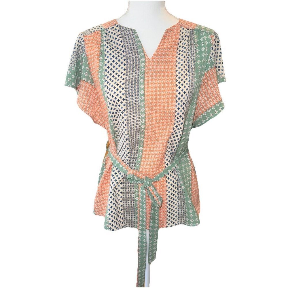 Faith and Joy Striped Patchwork Blouse Belted Waist Flutter Sleeve Size M